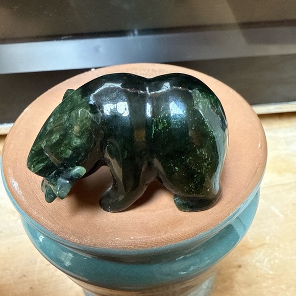 Vintage carved nephrite jade bear with fish in its mouth